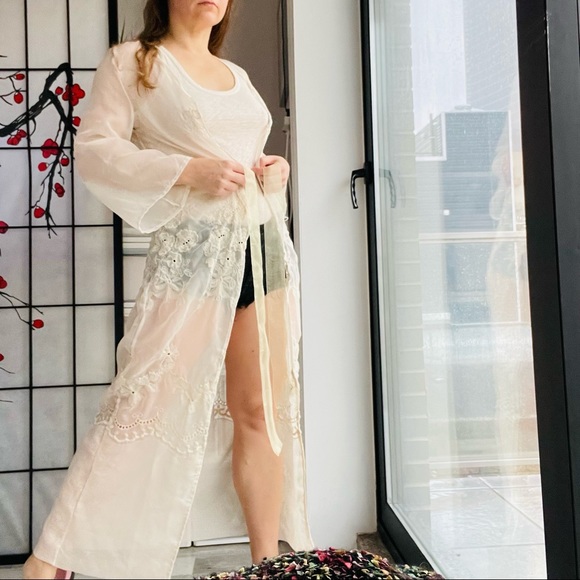 McClintock Floral Organza Transparent Bell Sleeve Belted Embroidered Long Robe - Picture 11 of 17